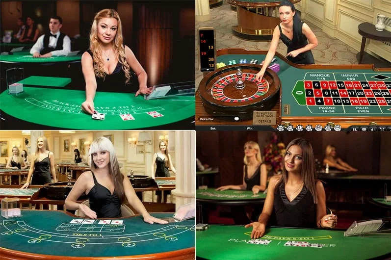 Tampilan permainan meja live dengan dealer di layar digital